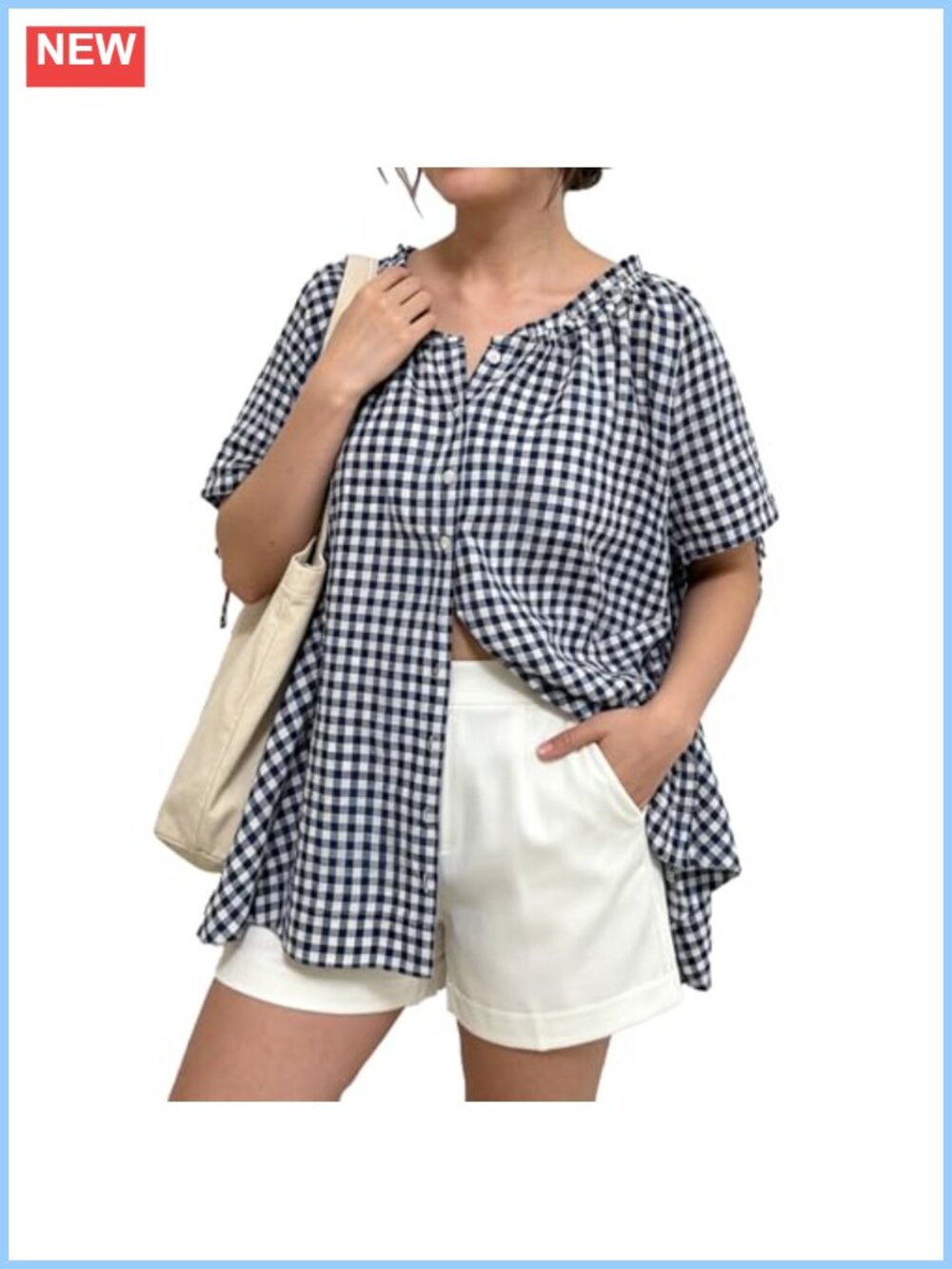 Women's Gingham Tunic Top Puff Short Sleeve Flowy Babydoll Blouse